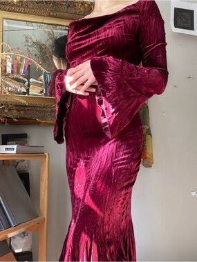 Rare Vintage Bruno Duluc Paris Velvet Maxi Dress - Ruffled Bell Sleeves